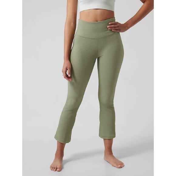 Athleta M eucalyptus olive Elation Rib Crop Flare pant legging tight soft yoga - Picture 1 of 7